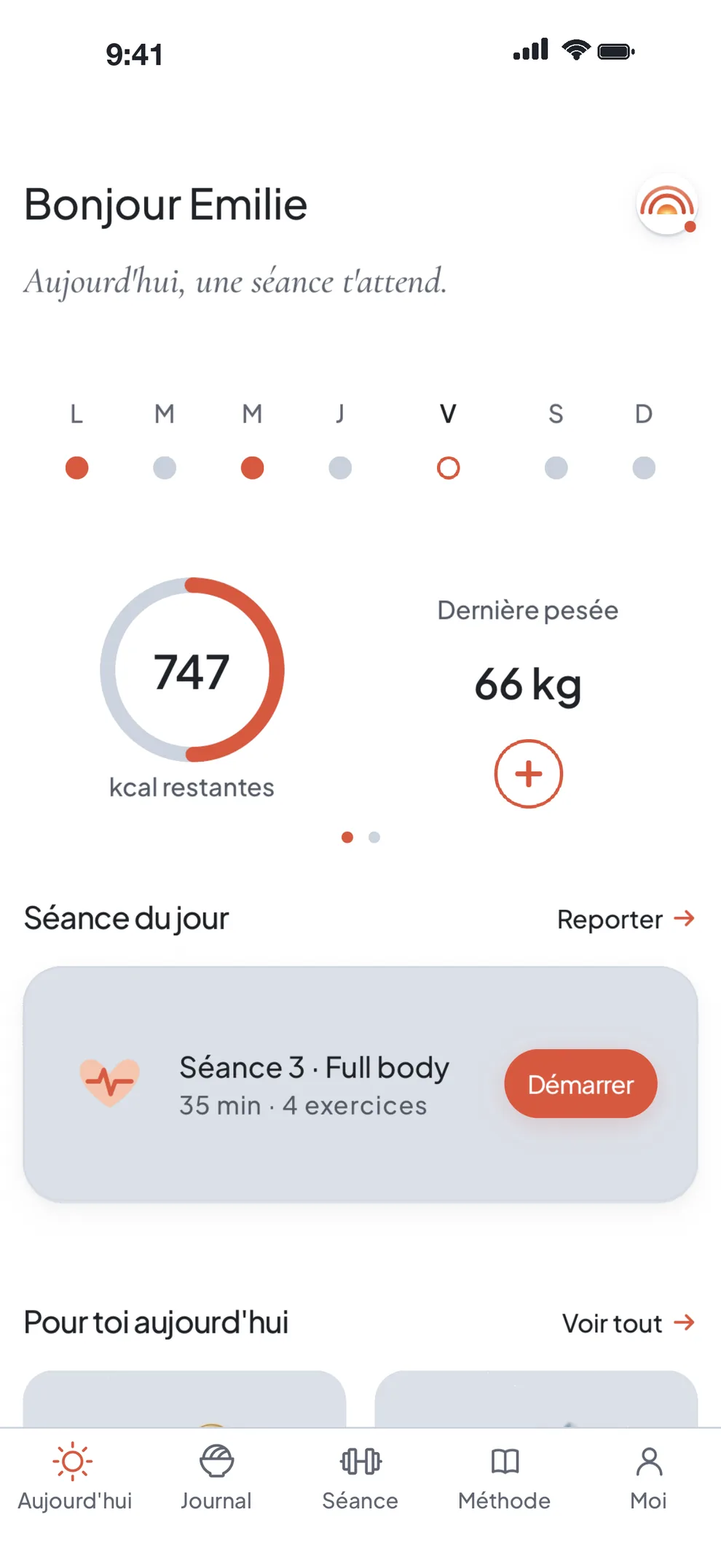 Écran Aujourd'hui de l'application Bluun