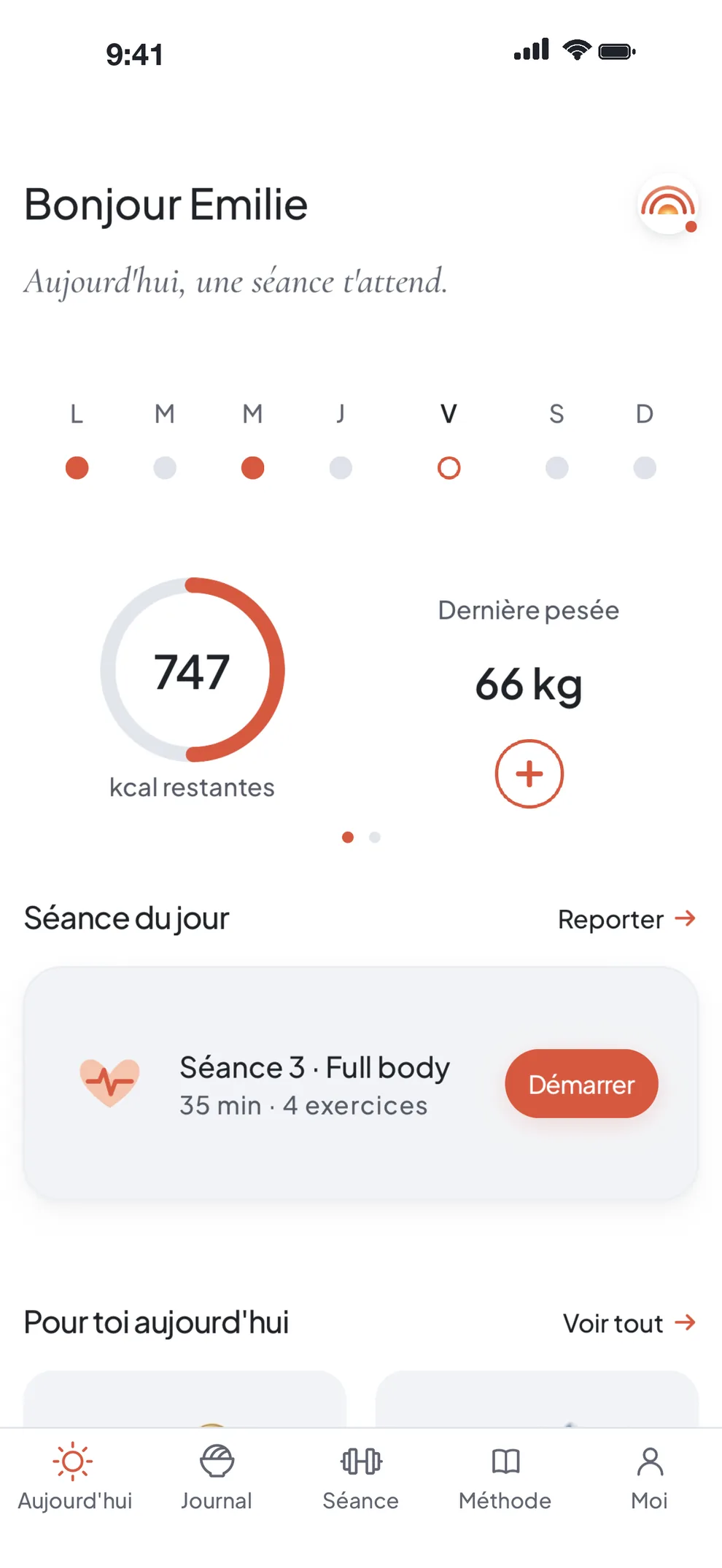 Écran Aujourd'hui de l'application Bluun