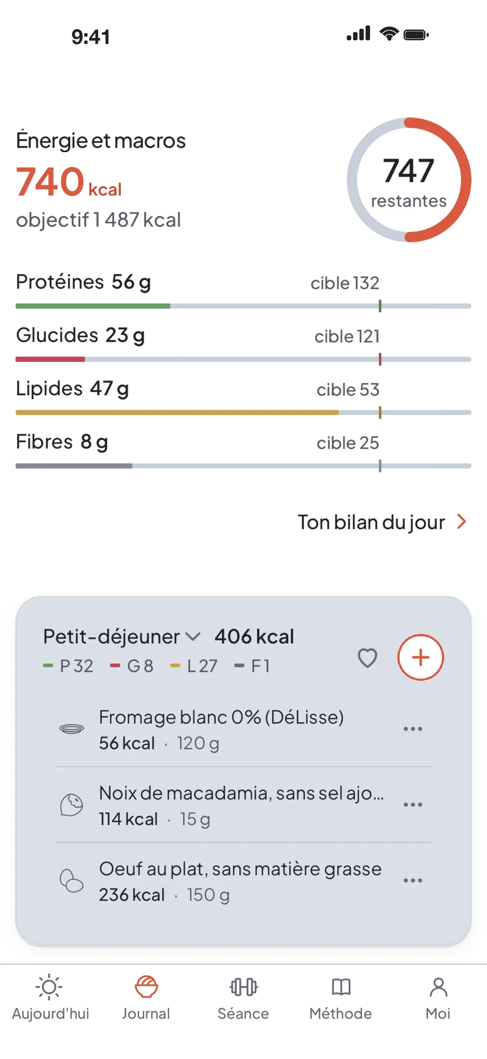 Le Journal alimentaire de Bluun, macros calculées