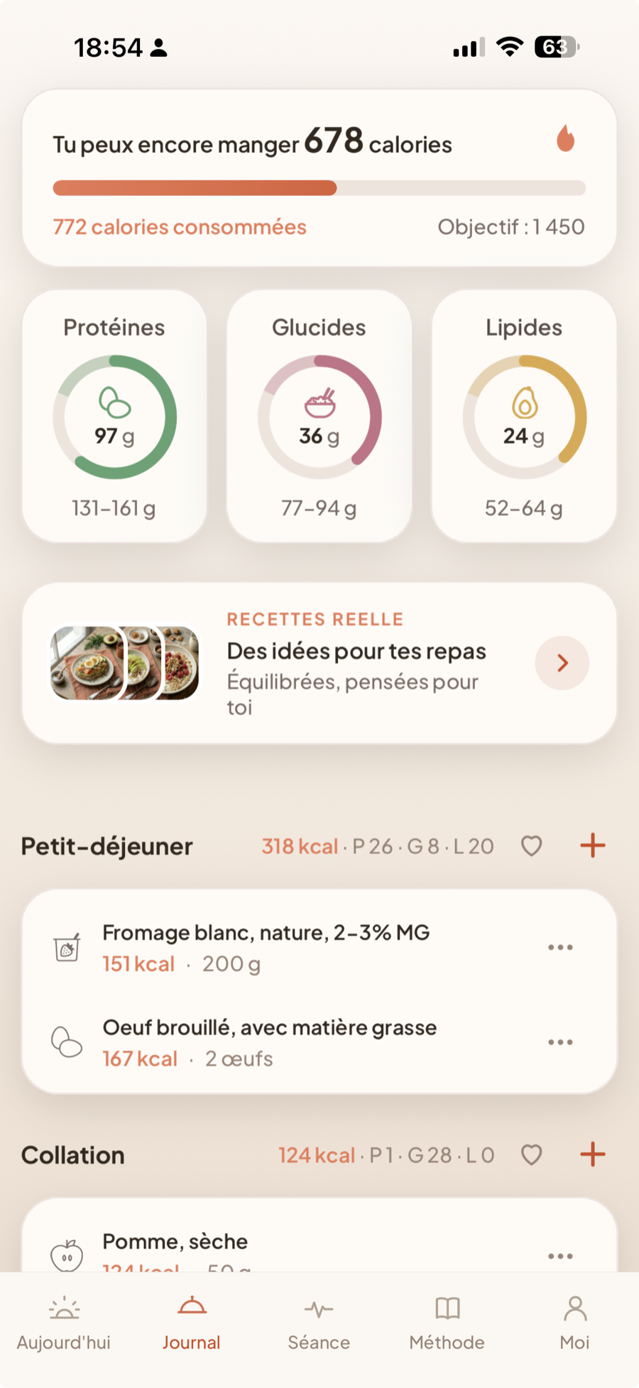 Écran Journal alimentaire de Reelle