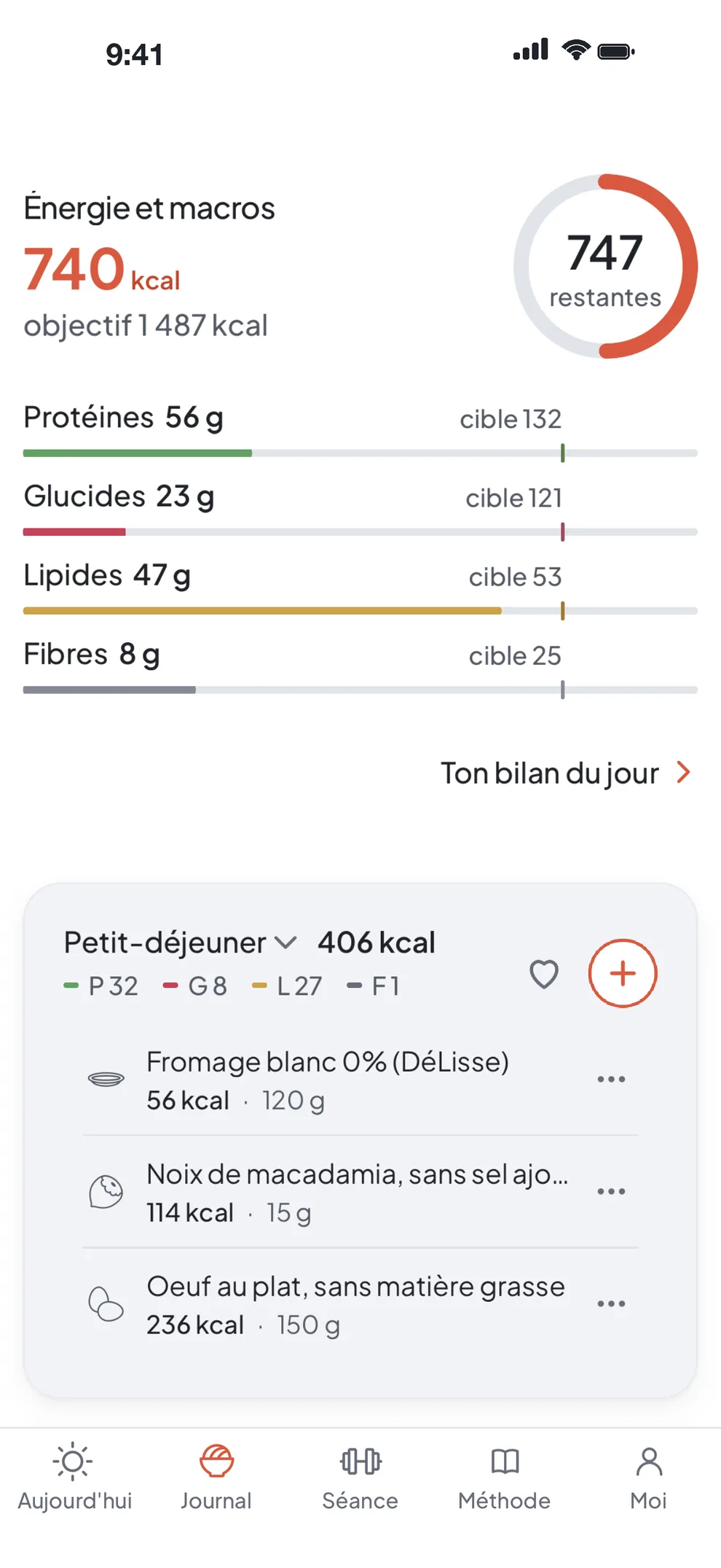 Le Journal alimentaire de Bluun, macros calculées