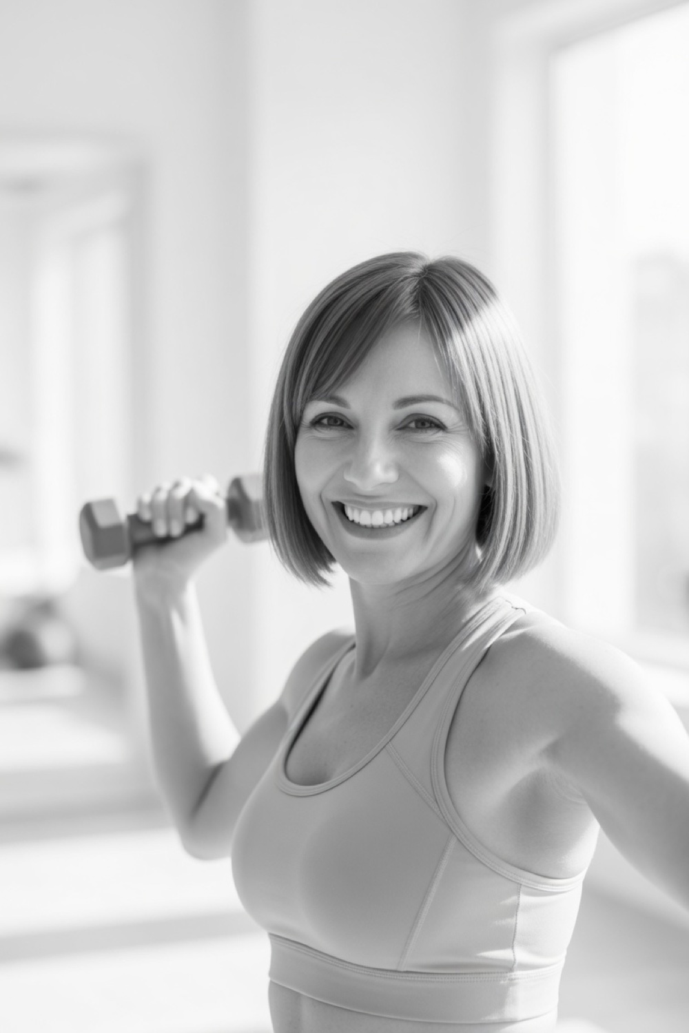 Femme d'environ 45 ans, souriante, haltère à la main, en pleine séance de musculation